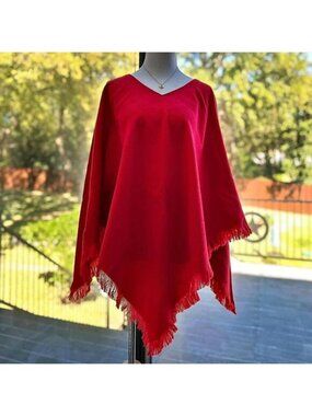 Wool touch red fringe poncho